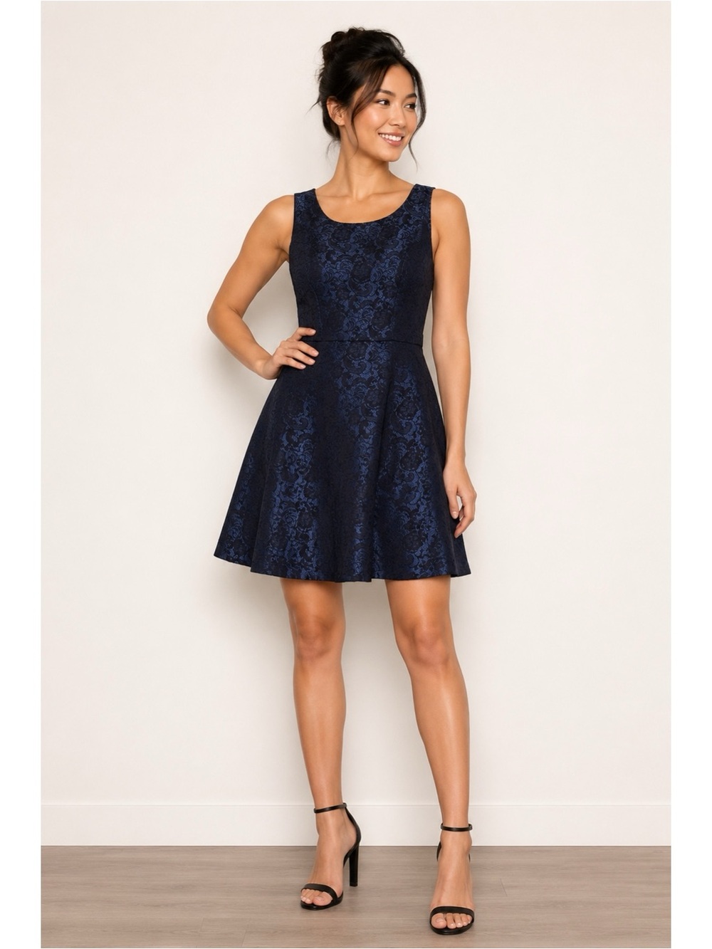 Forever 21 Navy Blue Floral Lace Jacquard Fit-and-Flare Mini Dress